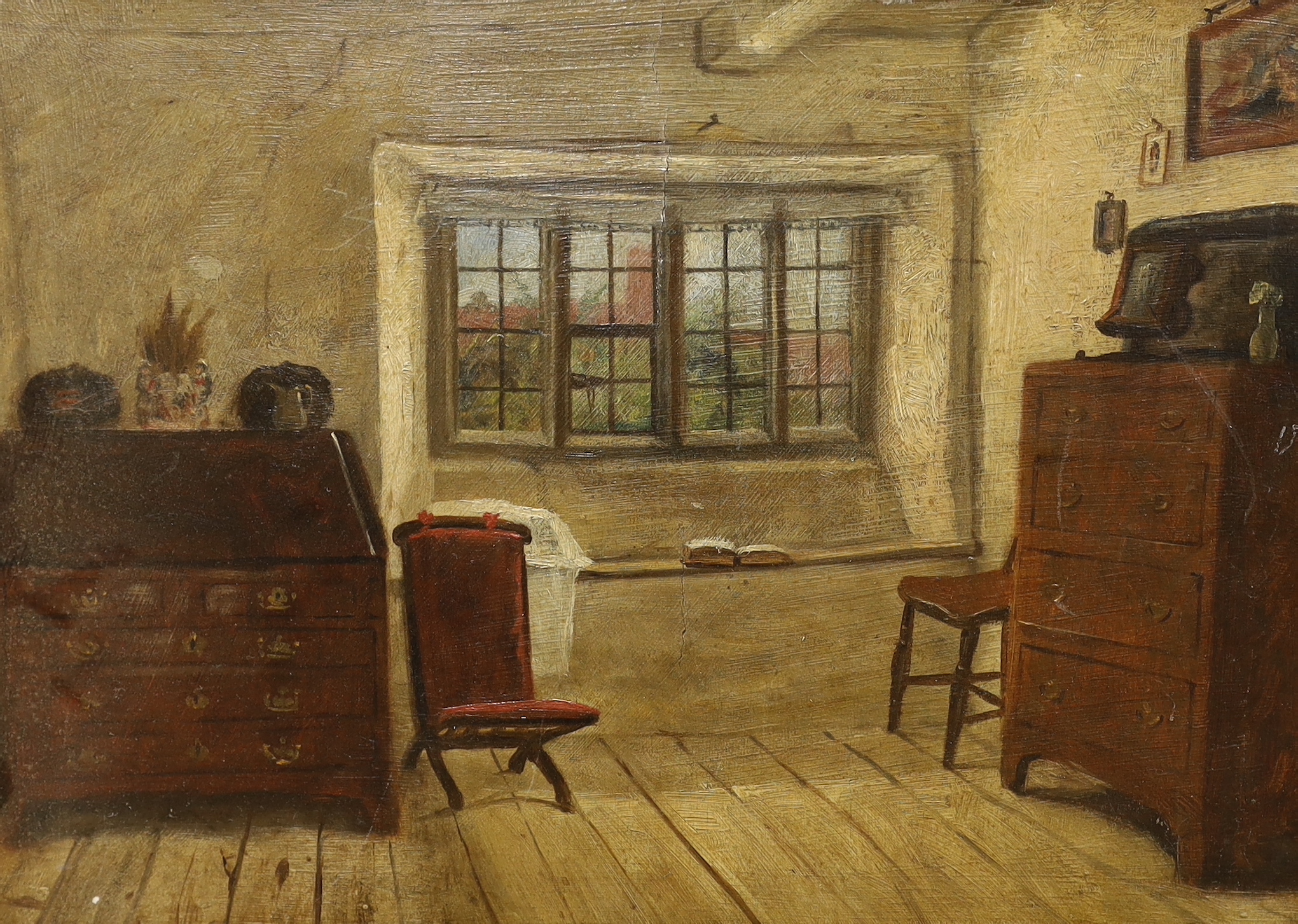 Elizabeth Hunter, two 19th century oil on boards, 'The Attics of the Corner House' and 'Room in the Old Burford Cottage Hospital', each inscribed verso, largest 44 x 31cm